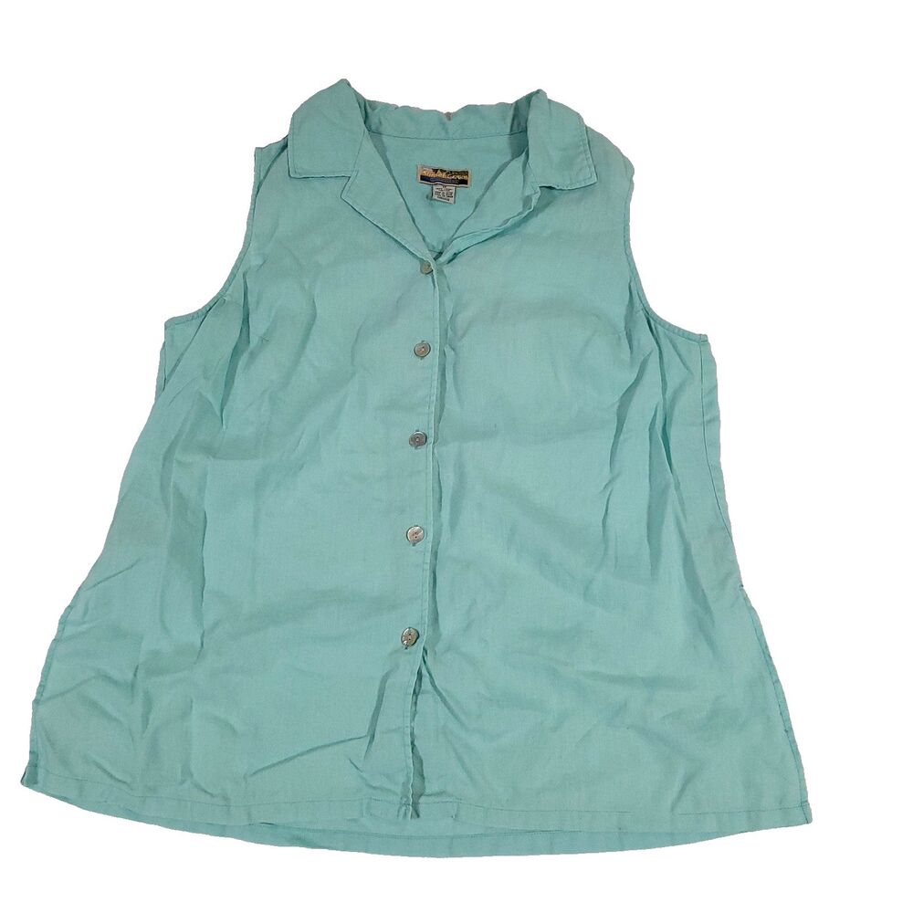 Sunset Cove Linen Button Up Top 1x Blue Side Slits Mother Of Pearl Button Resort